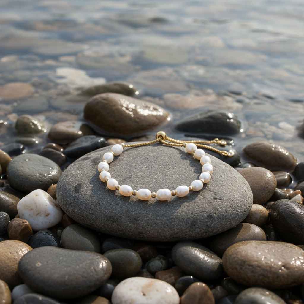 Wit zoetwater parel armband met goud edelstaal en schuif slotje liggend op steen bij water | Efr