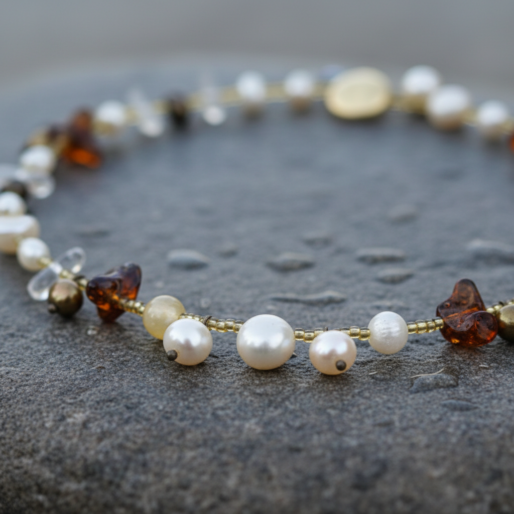 Zoetwater parelketting met citrien, bergkristal en magneetslotje liggend op steen close up | Fini