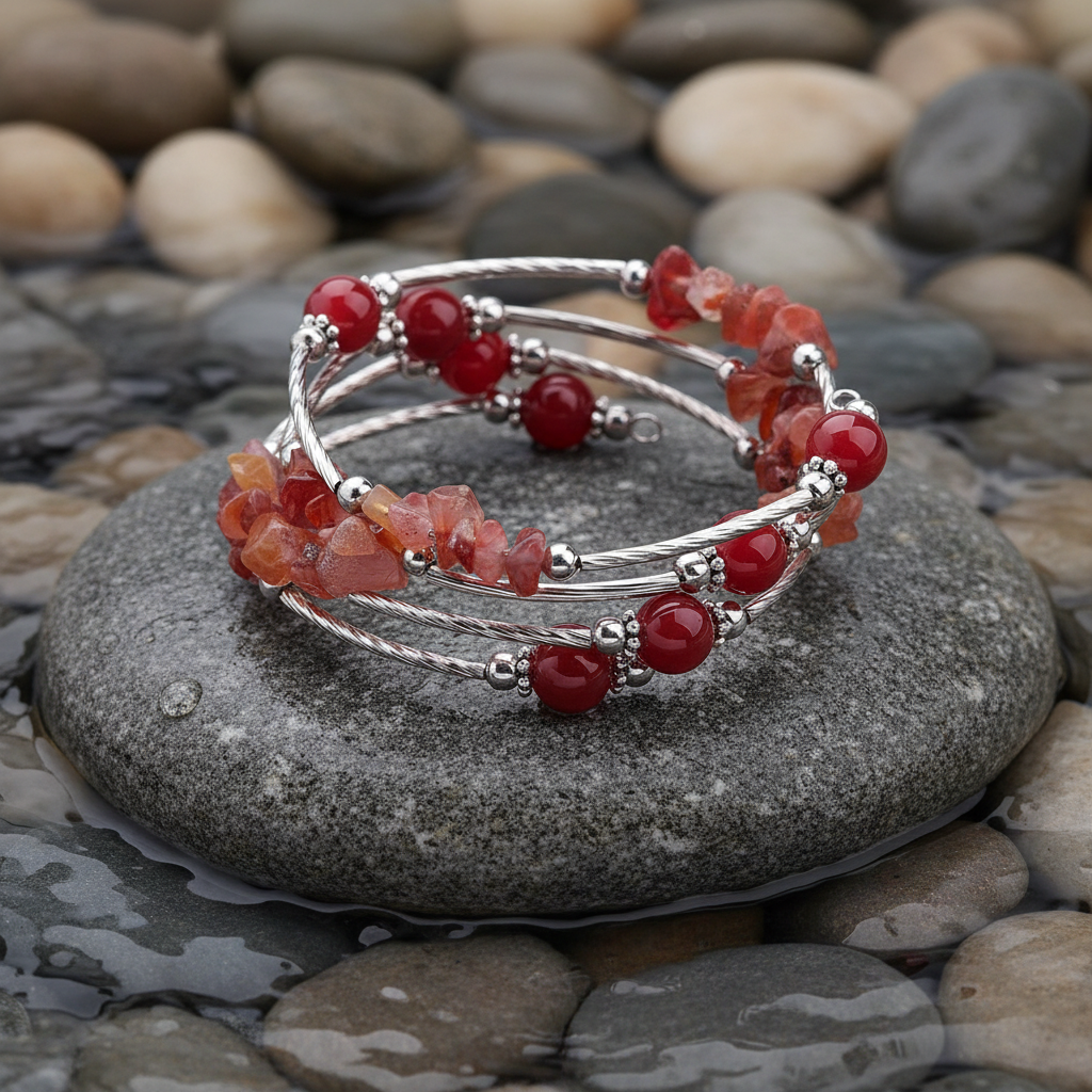 Four Loops Wrap Red Agate edelstenen wikkelarmband close-up op grijze natte steen bij oever