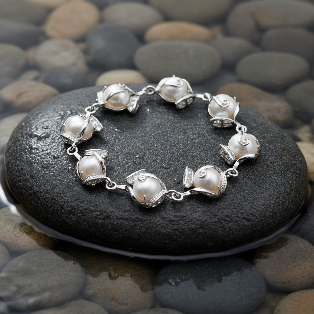 Francisca parel armband close-up op grijze natte steen bij oever