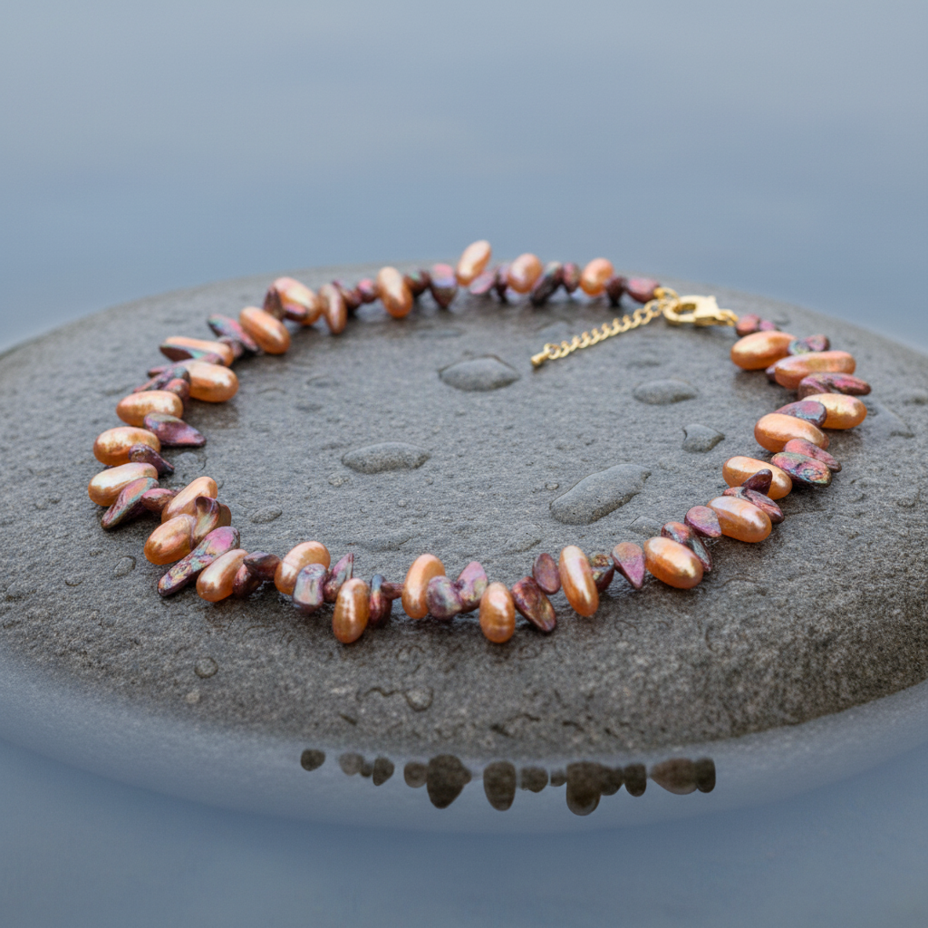 Zoetwater parelketting met bruine parels, kwarts stenen en goud edelstaal liggend op steen zijaanzicht | Gold Quartz Brown