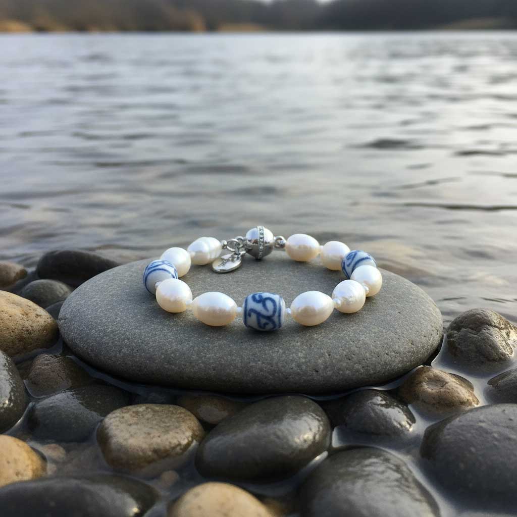 Wit zoetwater parel armband met Delfts blauwe kralen en magneetsluiting liggend op steen bij water | Hollands Glorie Spiral White