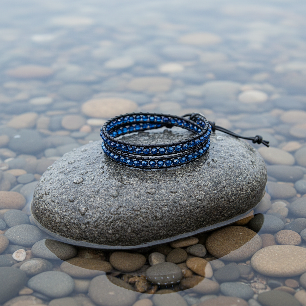 Kristallen armband Double Wrap Blue Crystal op realistische grijze steen - met slotje