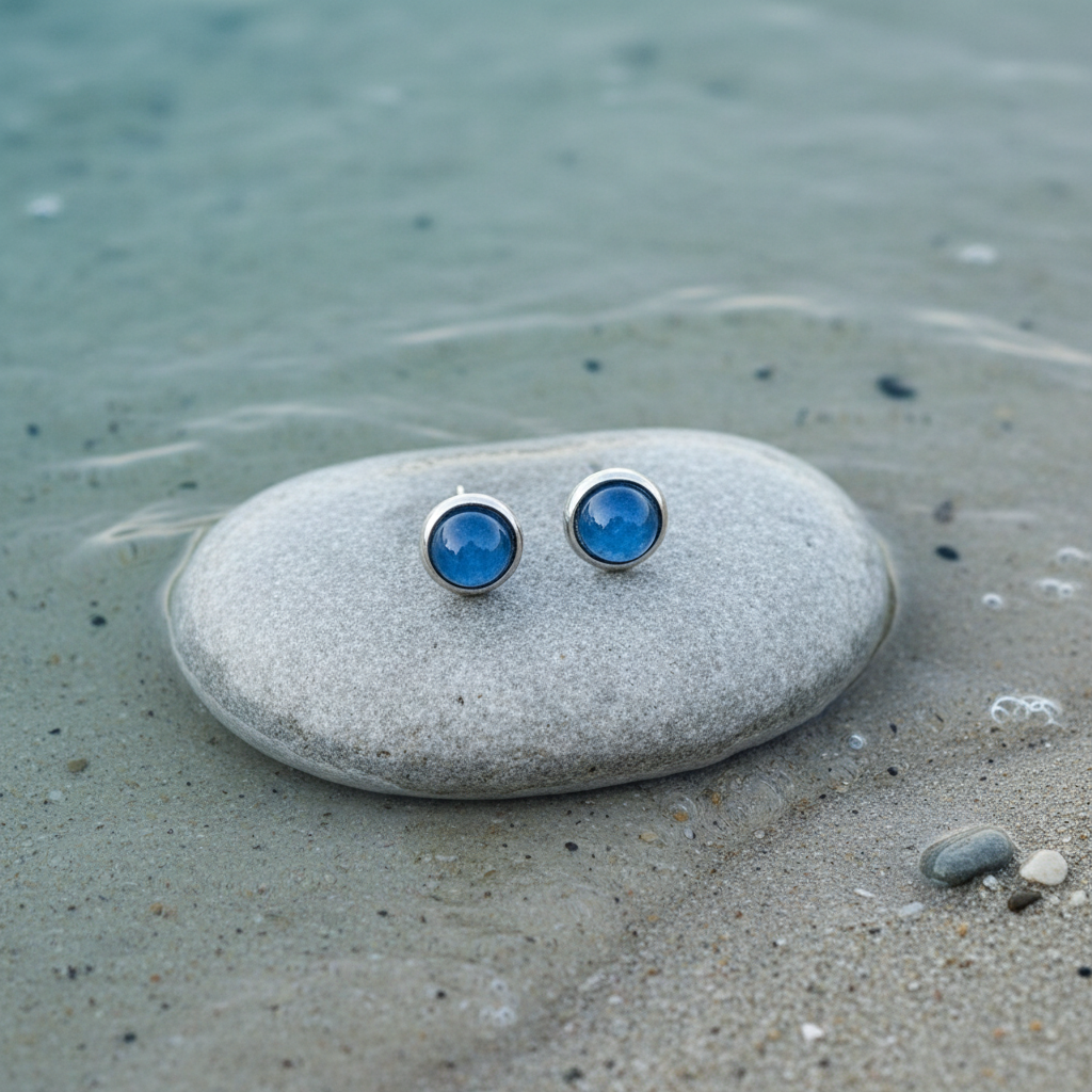 Kyanite oorbellen bovenaanzicht op steen met water