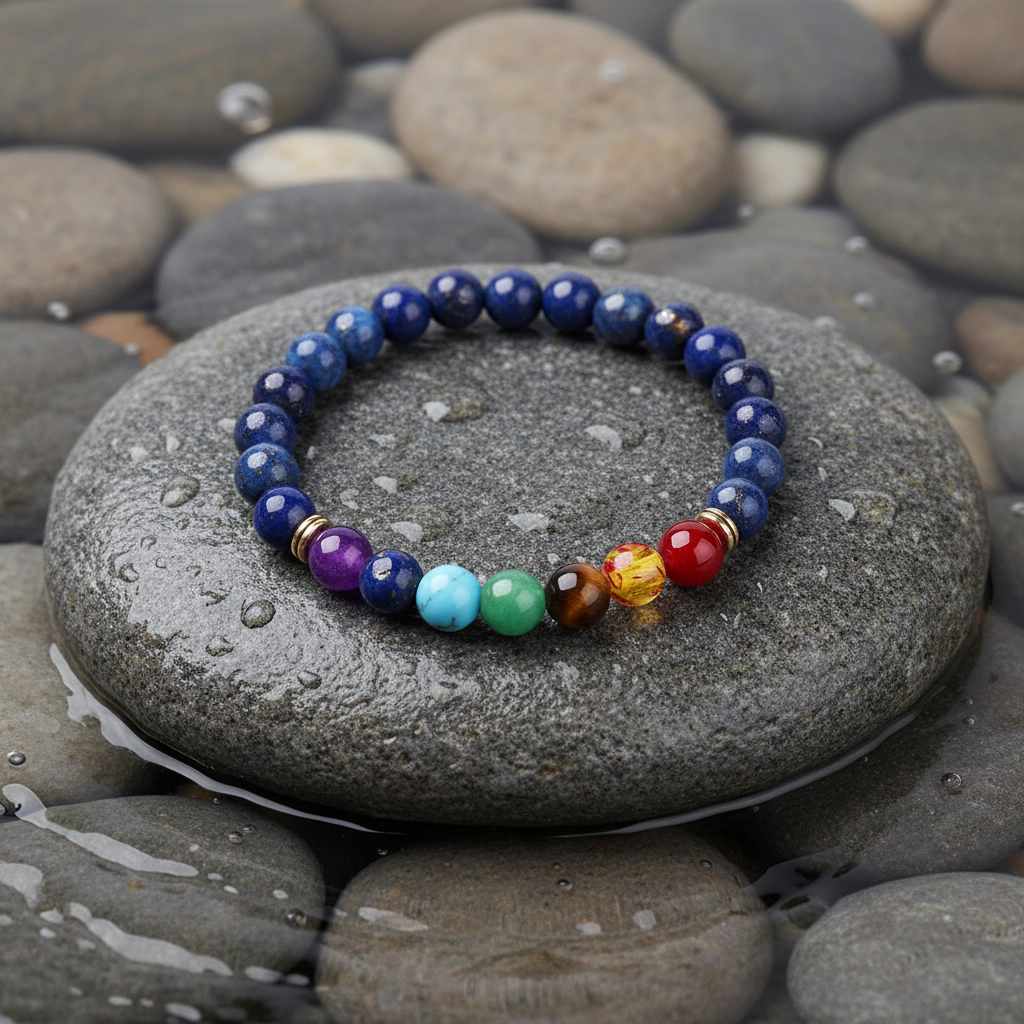 Lapis Lazuli Mix Color Gemstones edelstenen armband close-up op grijze natte steen bij oever