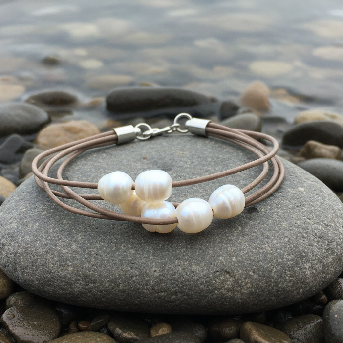 Leather Pearl White armband bij water