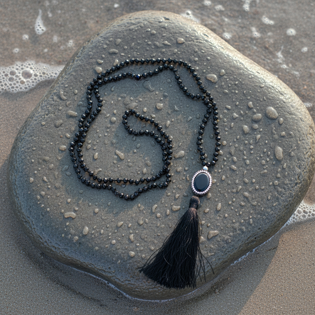 Long Bright Black Agate Tassel op natte steen