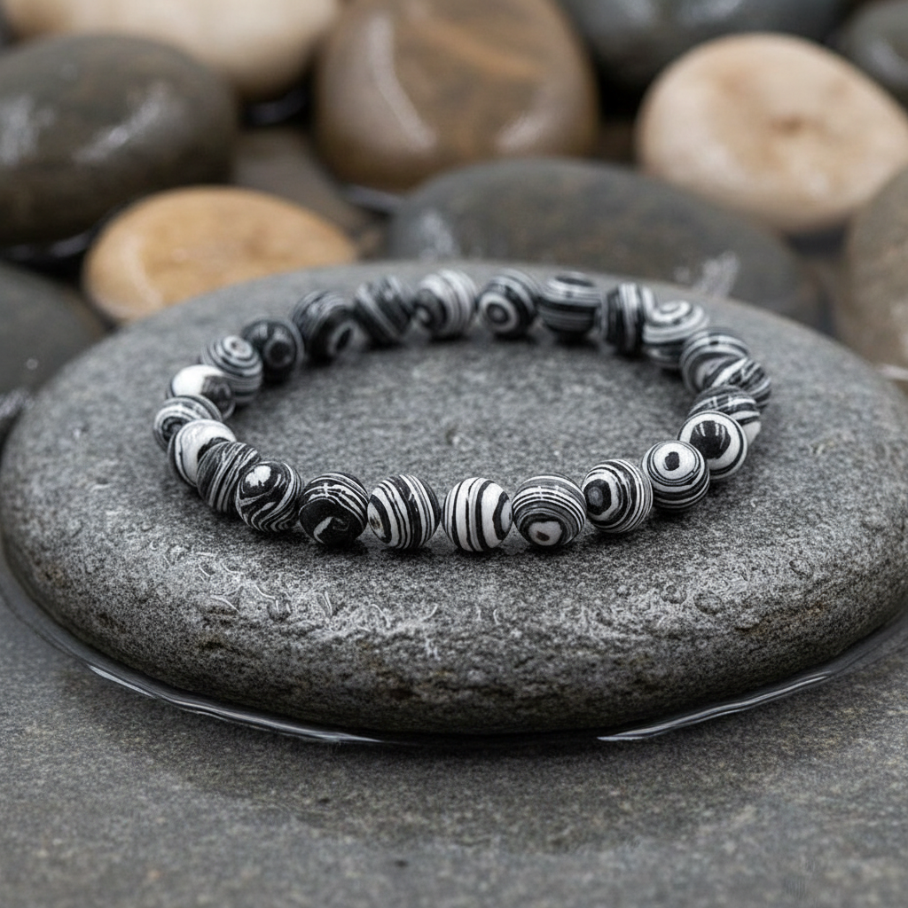Malachiet Black and White edelstenen armband close-up op grijze natte steen bij oever