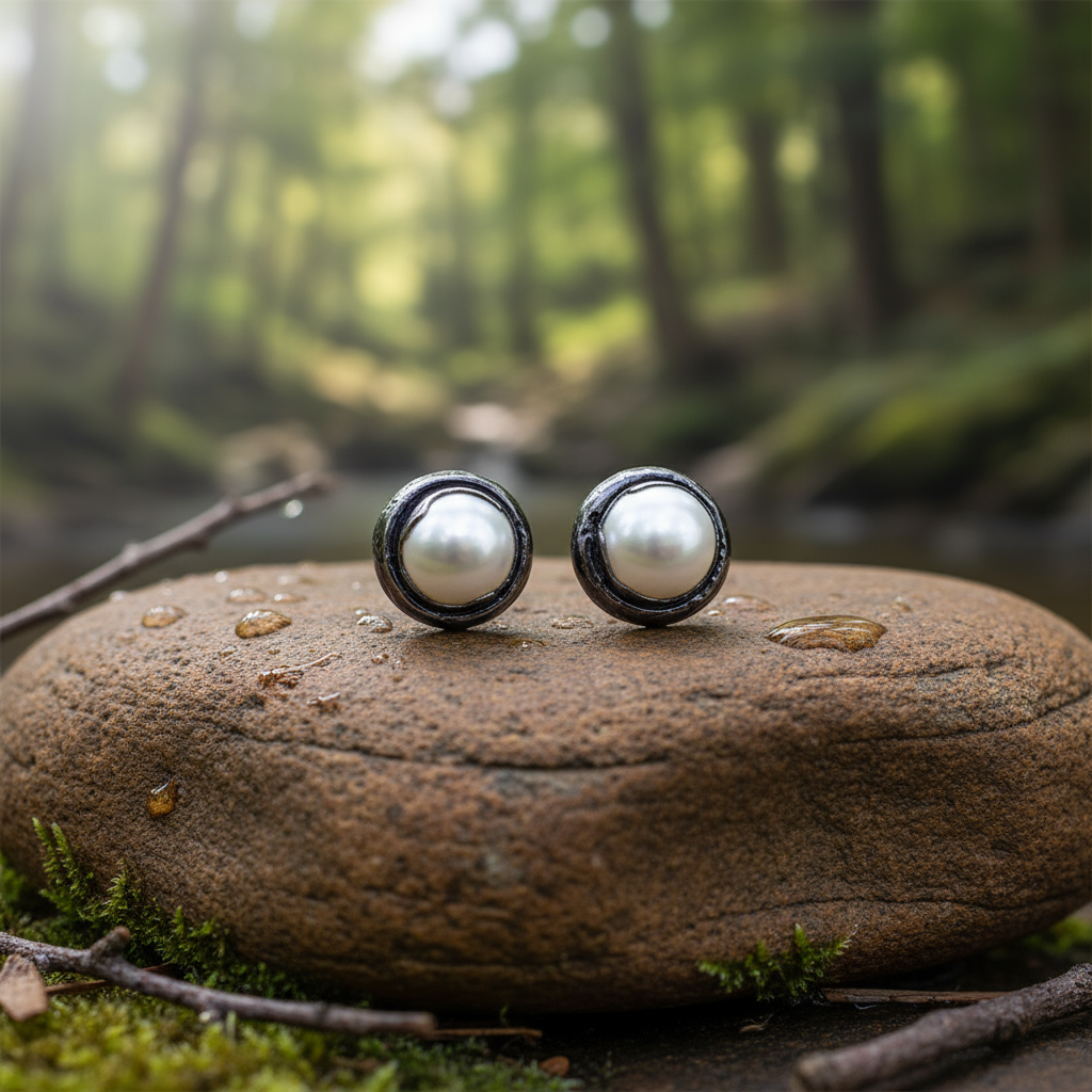 Witte zoetwater parel oorknoppen met zwarte rand liggend op bruine steen | One Metalgun Stud Pearl