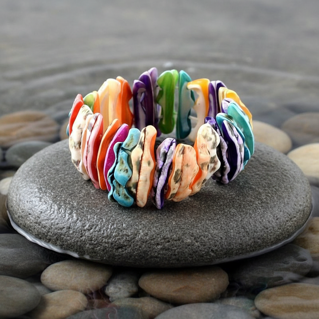 Mexico schelpen armband variant op grijze natte steen bij oever