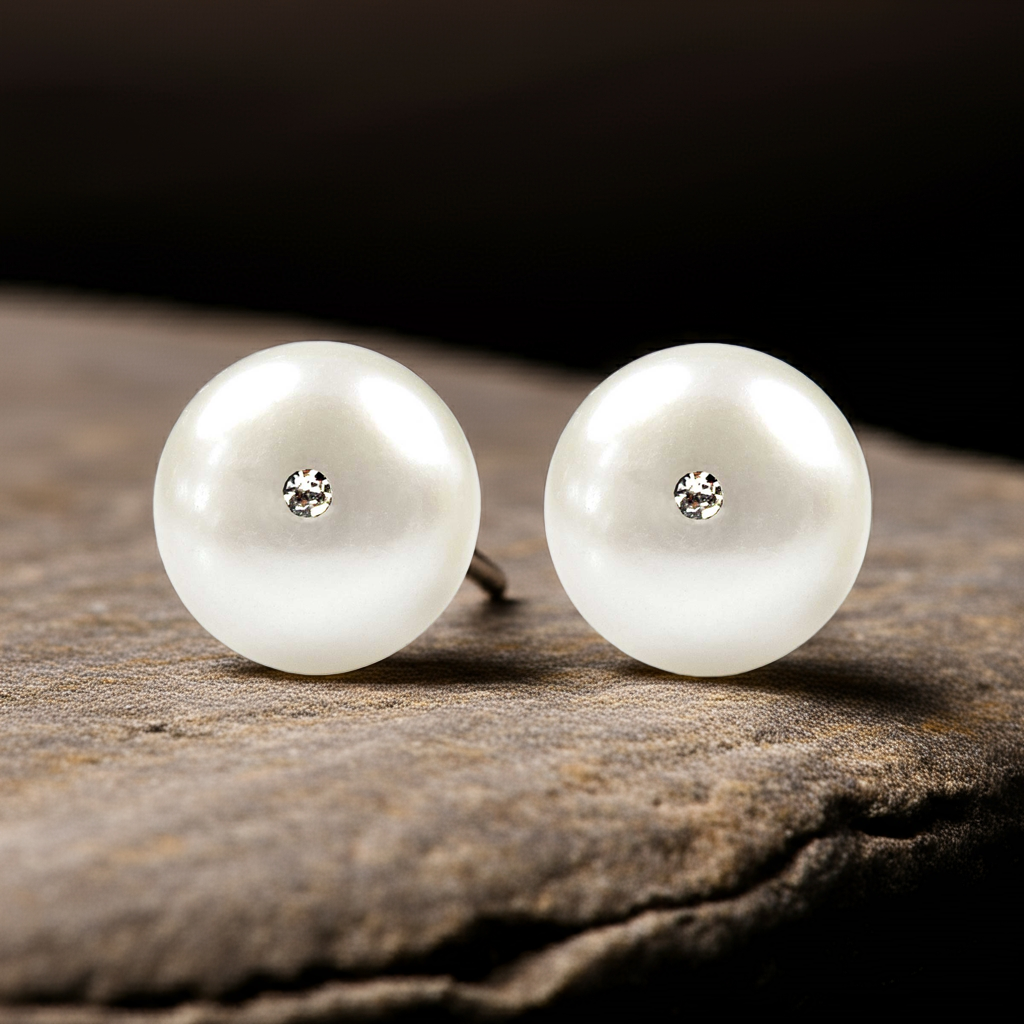 Witte zoetwater parel oorbellen met stras steentje, parel oorknopje, liggend op beige steen, vooraanzicht | Cadeau set zoetwater parel oorbellen Bling Mea Box One