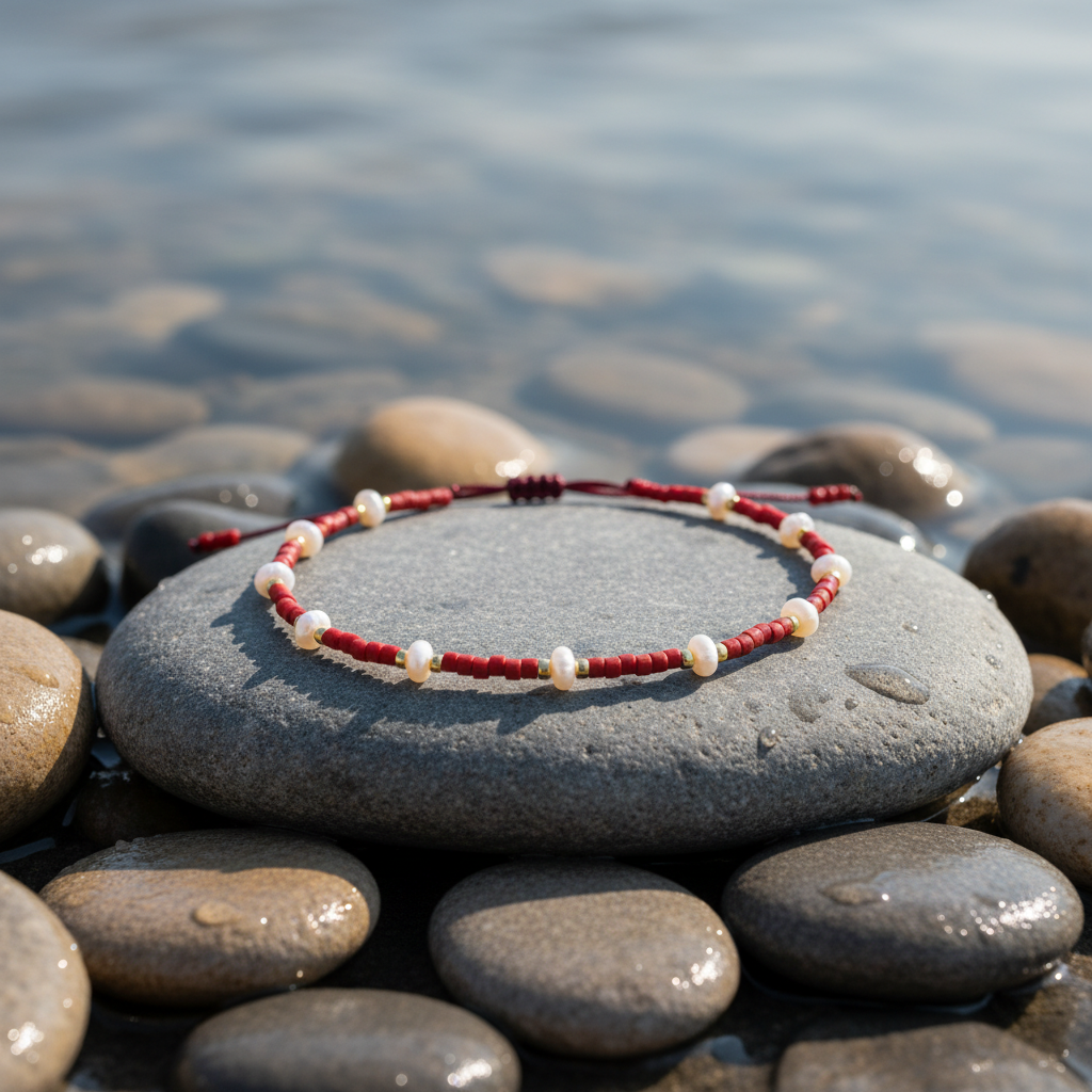 Mini Pearl Bead Red armband bij water