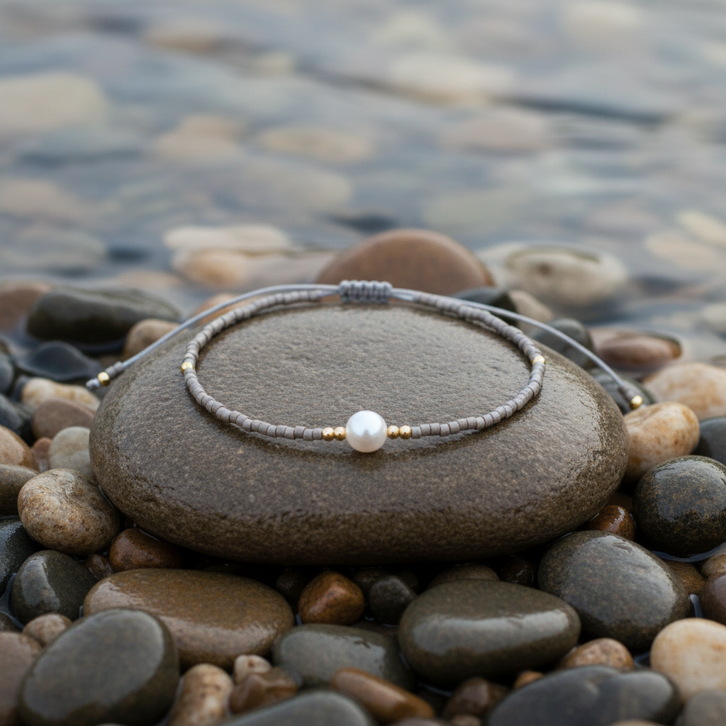 Mini Pearl One Liver Color armband bij water - grijsbruin