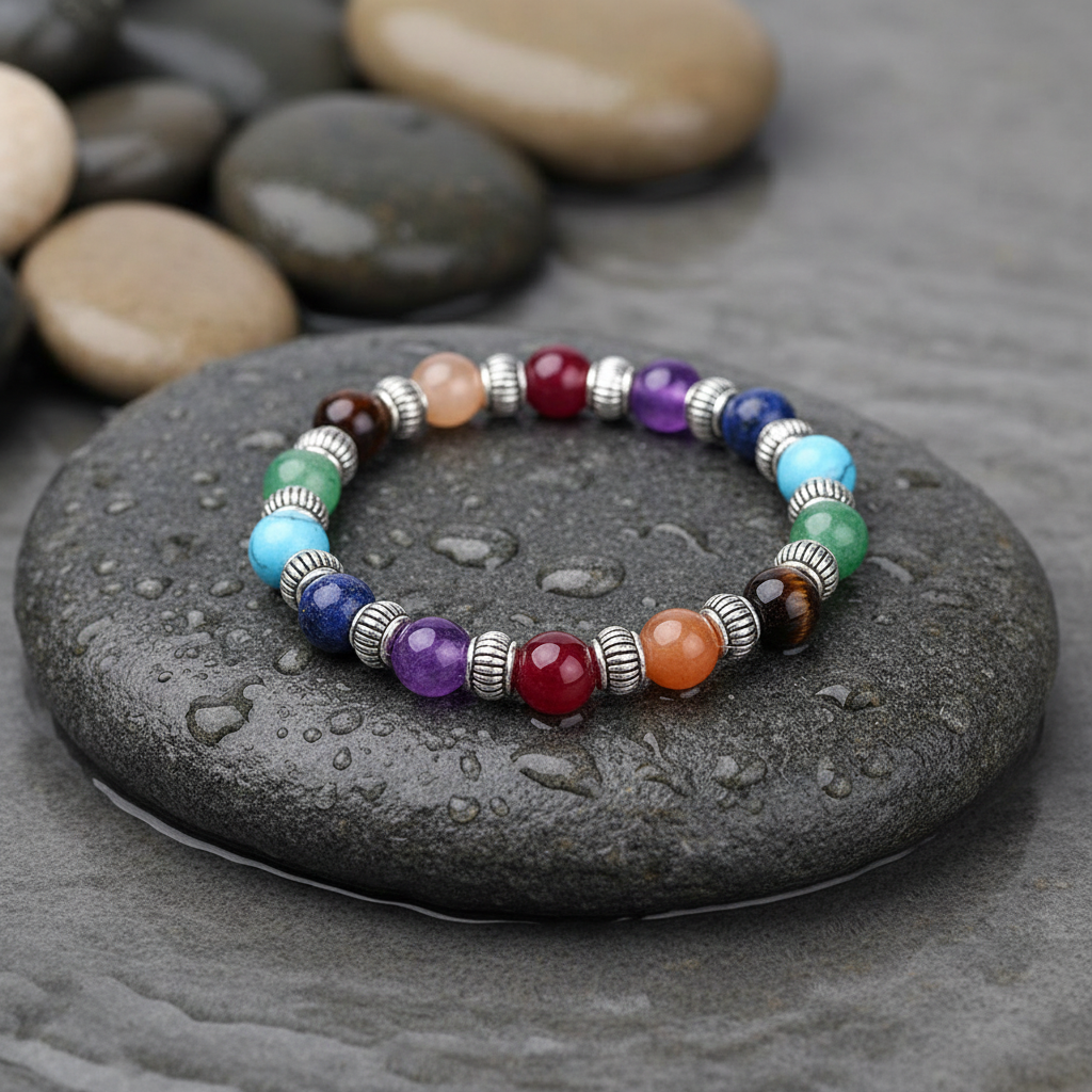 Mix Gemstone Silver edelstenen armband close-up op grijze natte steen bij oever