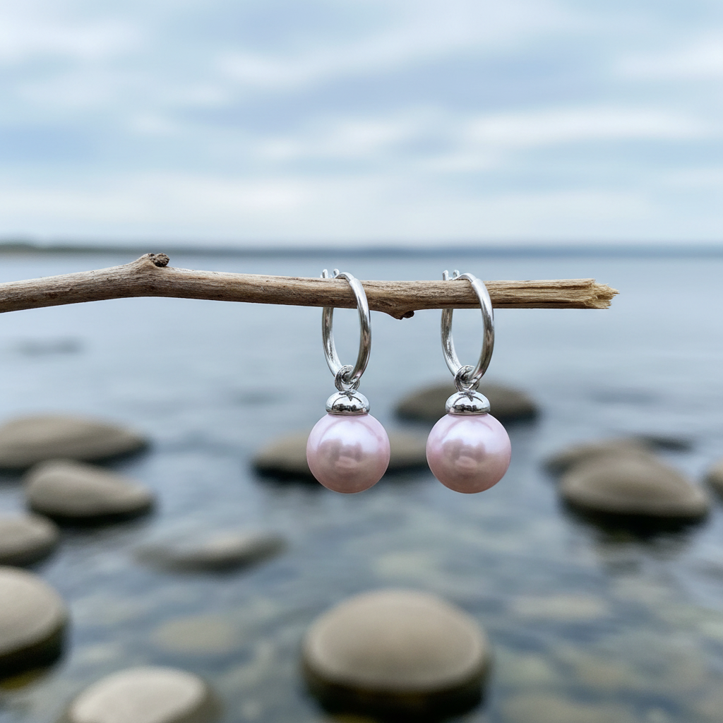 Mother of pearl oorbellen aan takje met water achtergrond