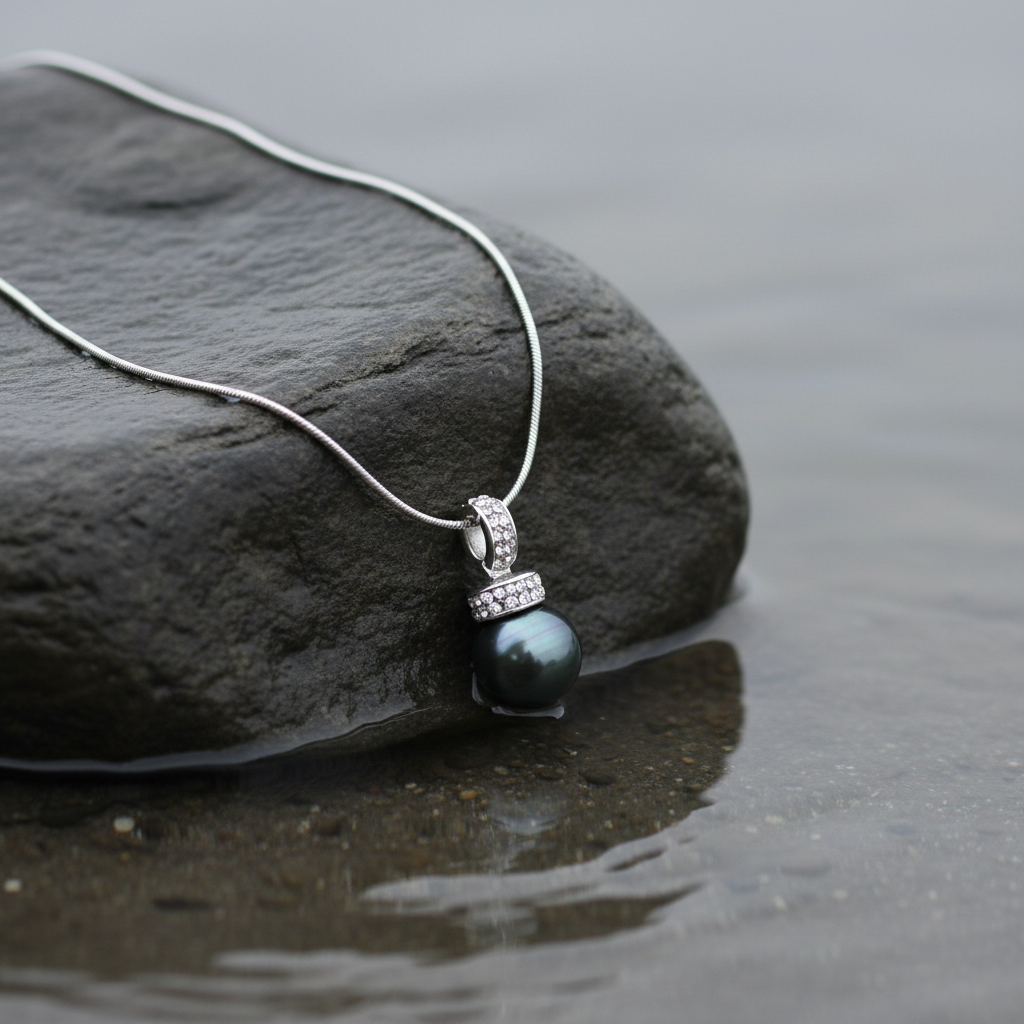 Mother of pearl parelketting met zwart groene parel en stras steentjes liggend op steen in water close up | Blizanie