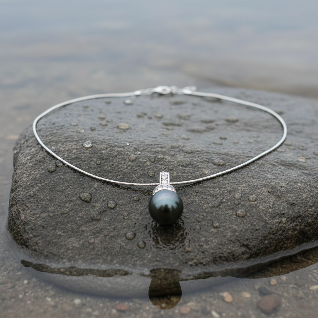 Mother of pearl parelketting met zwart groene parel en stras steentjes liggend op steen vooraanzicht | Blizanie