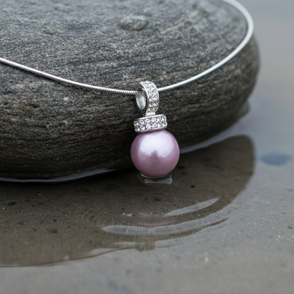 Oud roze mother of pearl parelketting met stras steentjes close op op steen in water | Filanie