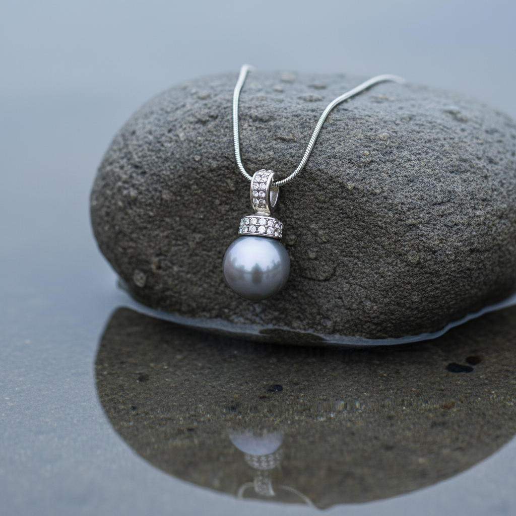 Mother of pearl parelketting met grijze parel en stras steentjes liggend op steen in het water | Glanie