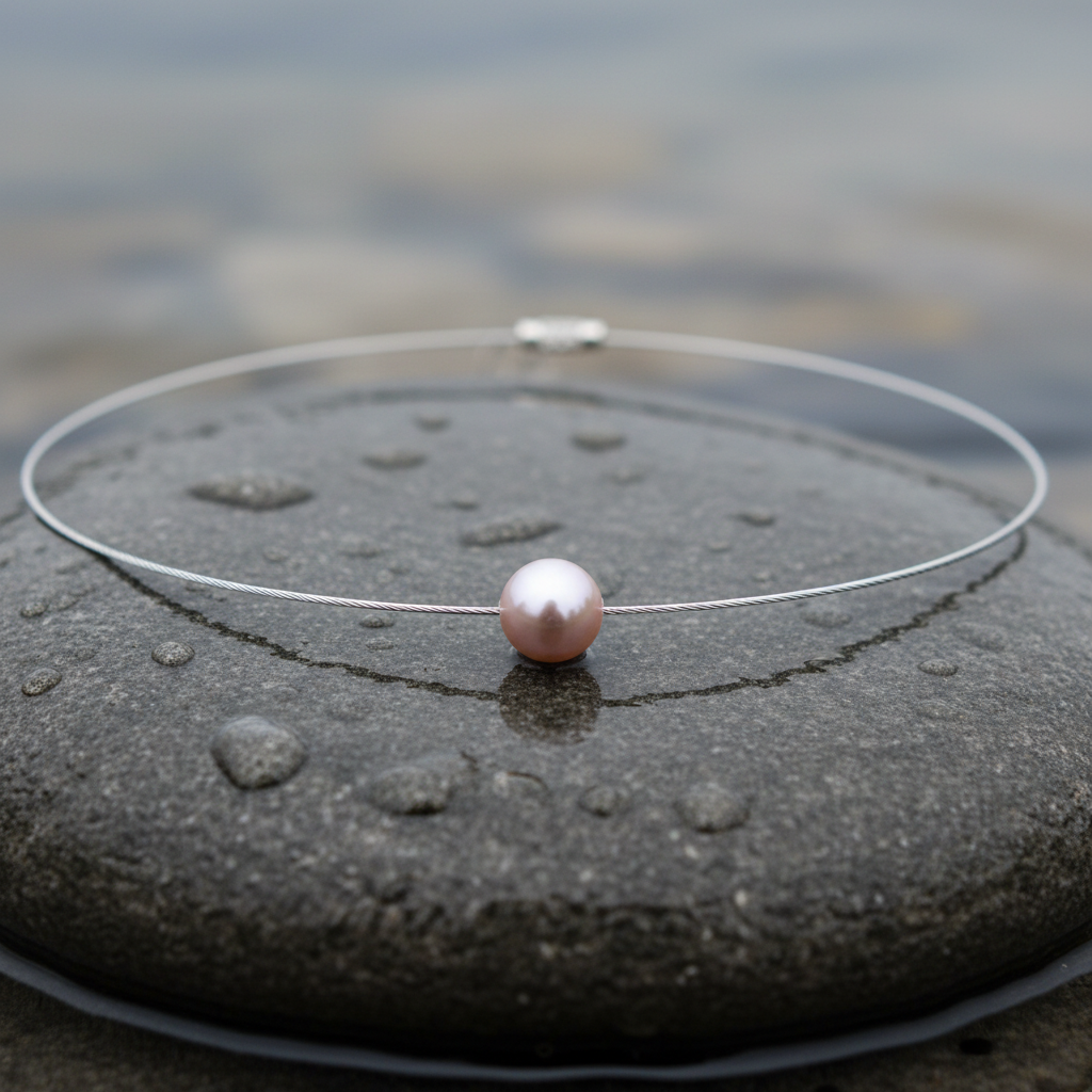 Oud roze mother of pearl parelketting aan spang liggend op steen close up | Wire Shiny Ball Pink