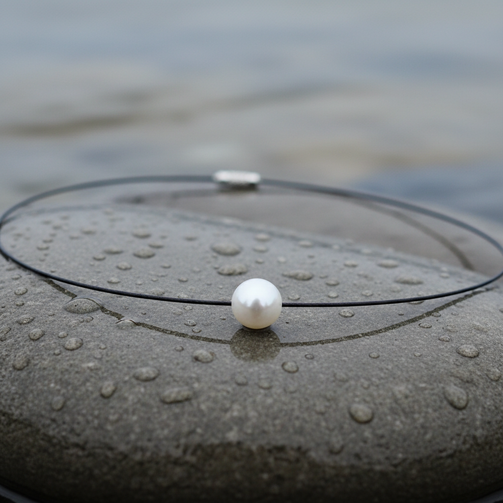 Witte mother of pearl parelketting aan spang liggend op natte steen close up | Wite Shiny Ball White