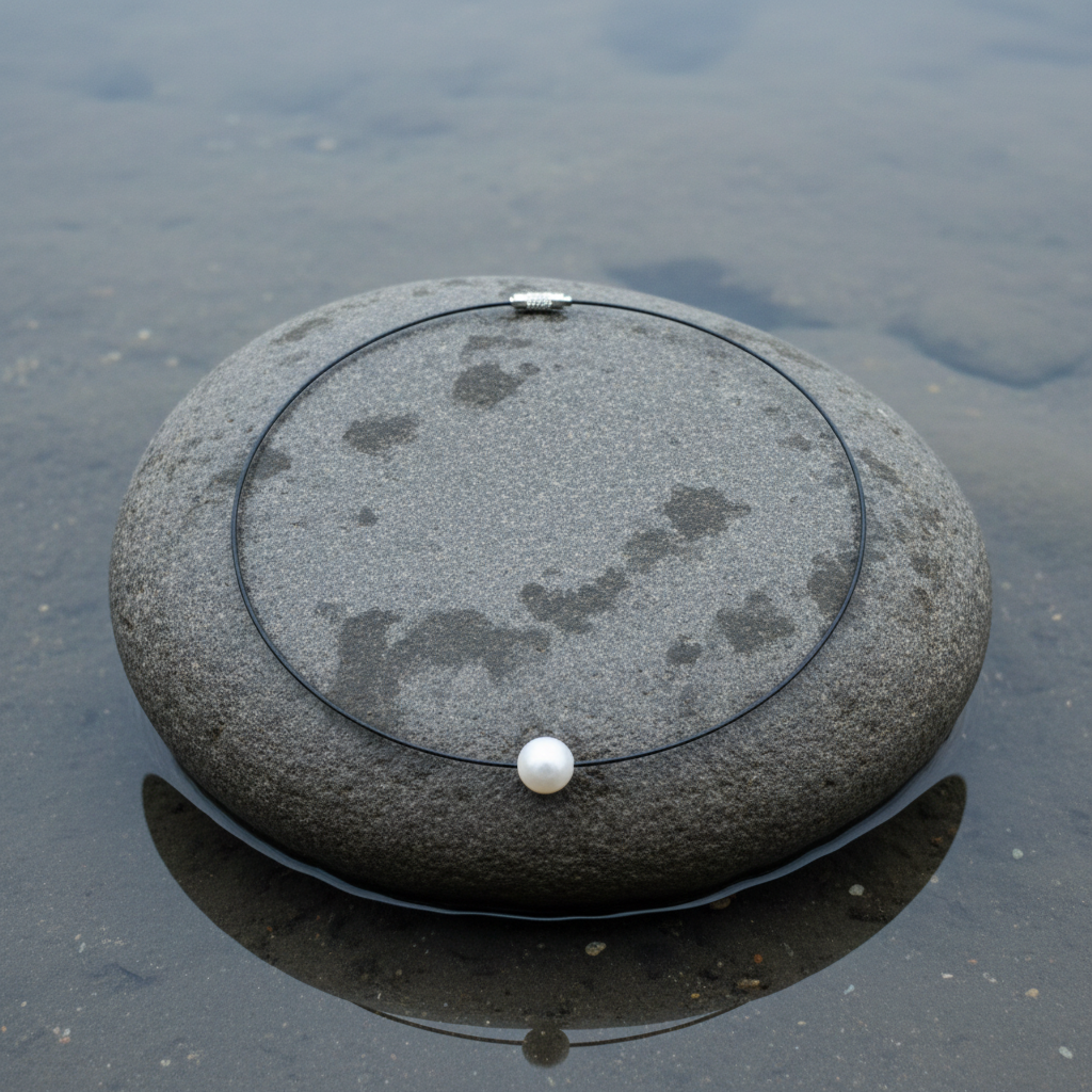 Witte mother of pearl parelketting aan spang liggend op steen in water | Wite Shiny Ball White