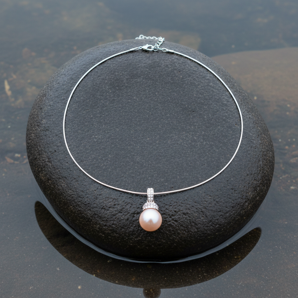 Mother of pearl parelketting met zalm kleurige parel en stras steentjes liggend op steen in water | Zalamie