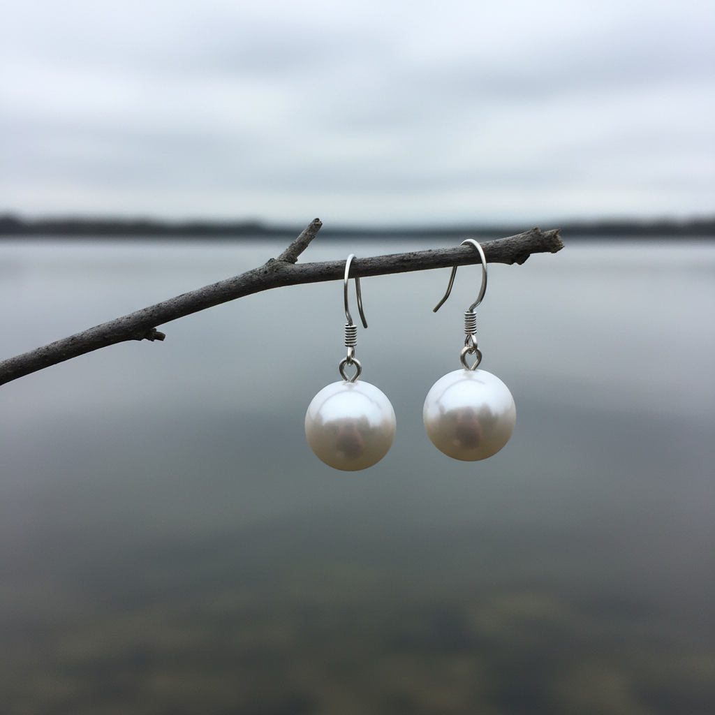 Witte mother of pearl parel oorbellen hangend aan takje | Shiny Ball White