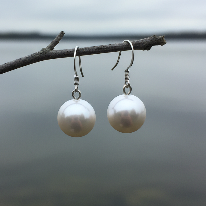 Witte mother of pearl parel oorbellen hangend aan takje | Shiny Ball White