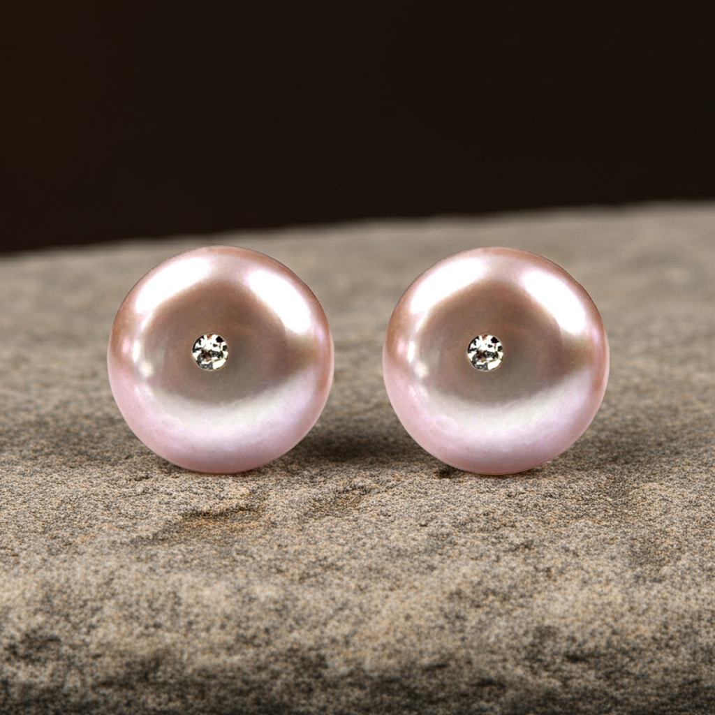 Roze zoetwater parel oorbellen met stras steentje, parel oorknopjes, liggend op beige steen, vooraanzicht | Mea Bling Pu