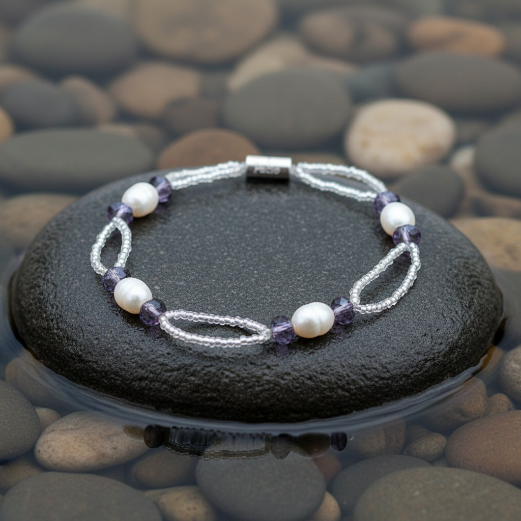 Pacio parel armband close-up op grijze natte steen bij oever