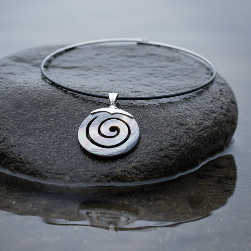 Parelmoeren choker ketting met parelmoeren hanger liggend op steen in water | Spiral Black Shell