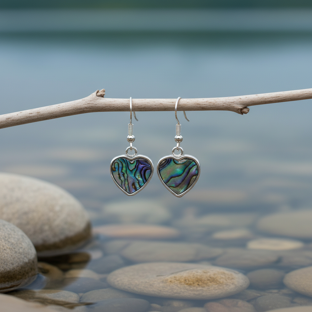 Parelmoeren oorbellen Abalone Silver Heart aan takje - close-up