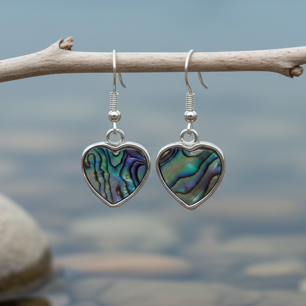 Parelmoeren oorbellen Abalone Silver Heart aan takje - close-up