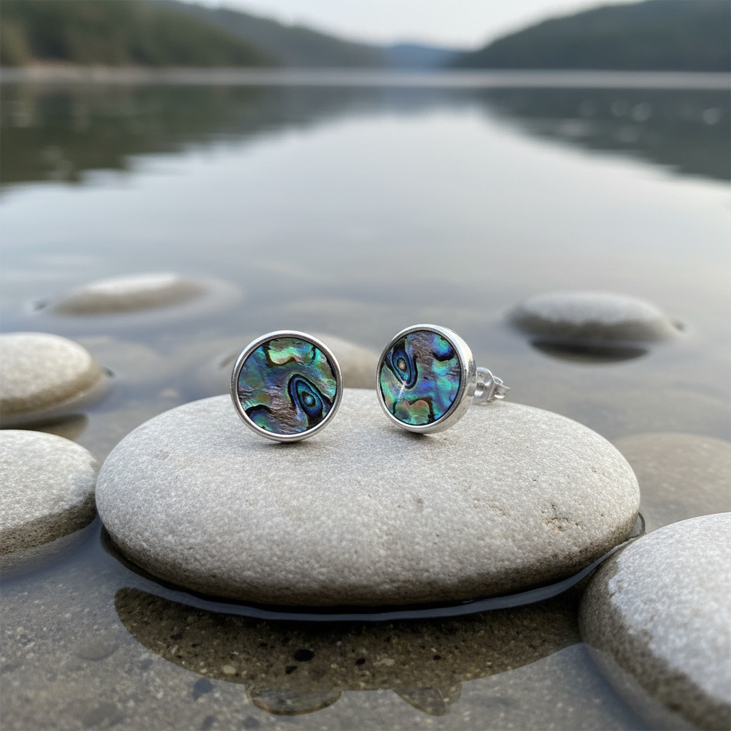 Parelmoeren oorbellen Abalone Stud Round op steen - meer contrast