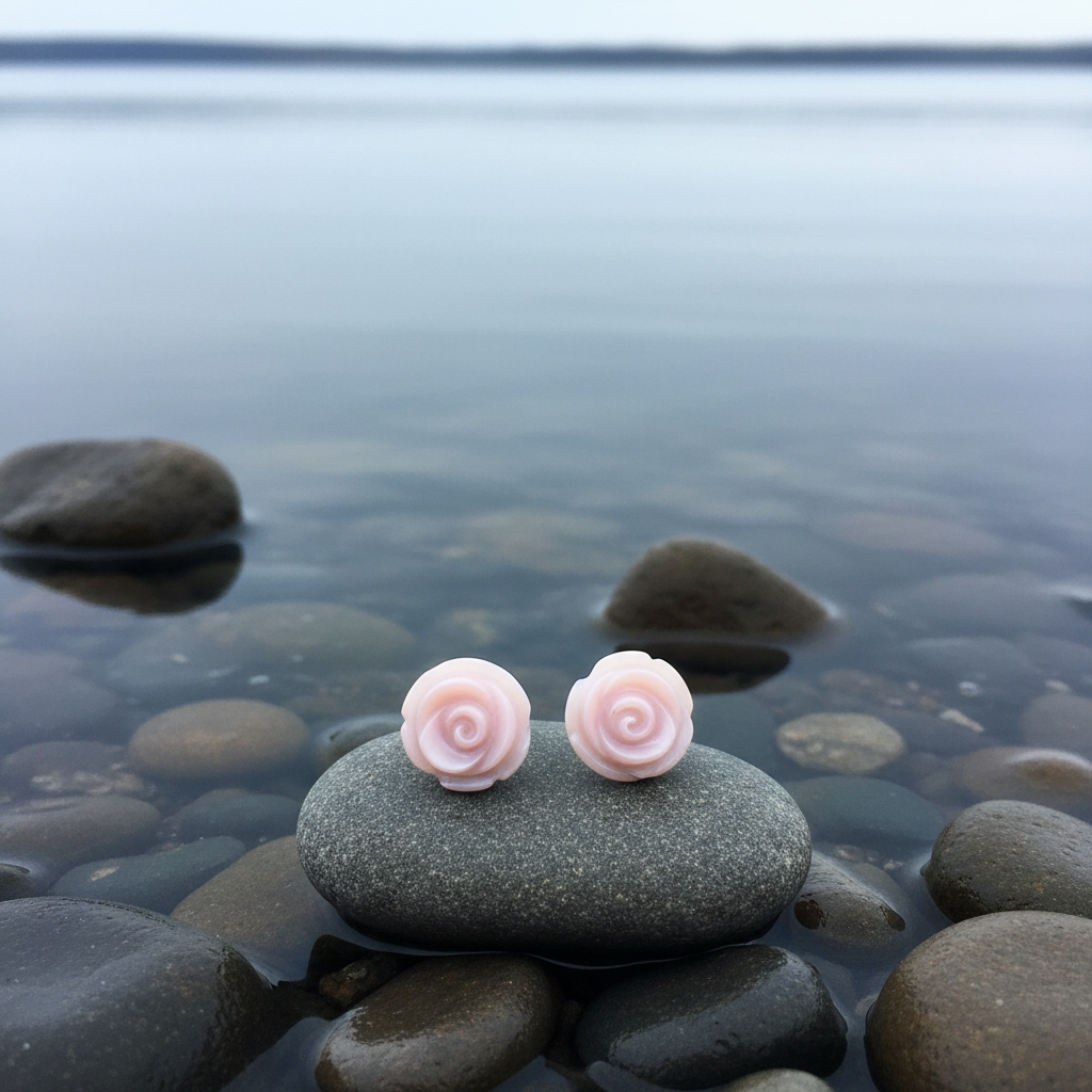 Parelmoeren oorbellen Pink Rose op steen - zachte belichting