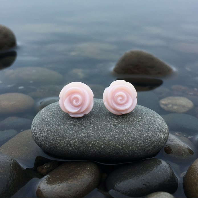 Parelmoeren oorbellen Pink Rose op steen - zachte belichting