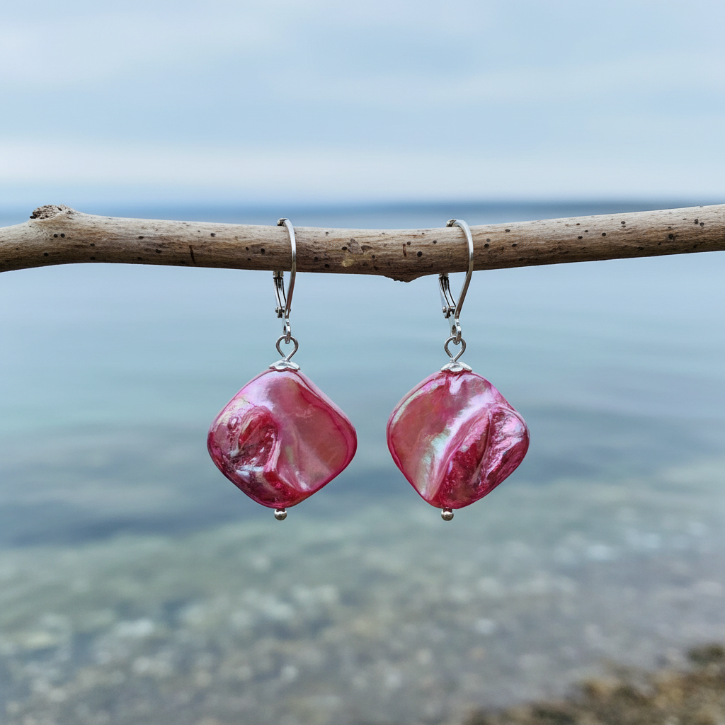 Parelmoeren oorbellen Shell AB Pink takje met blauwe waterrand