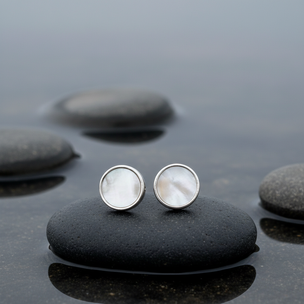 Parelmoeren oorbellen Shell White Stud Round op steen - contrast zonder zon