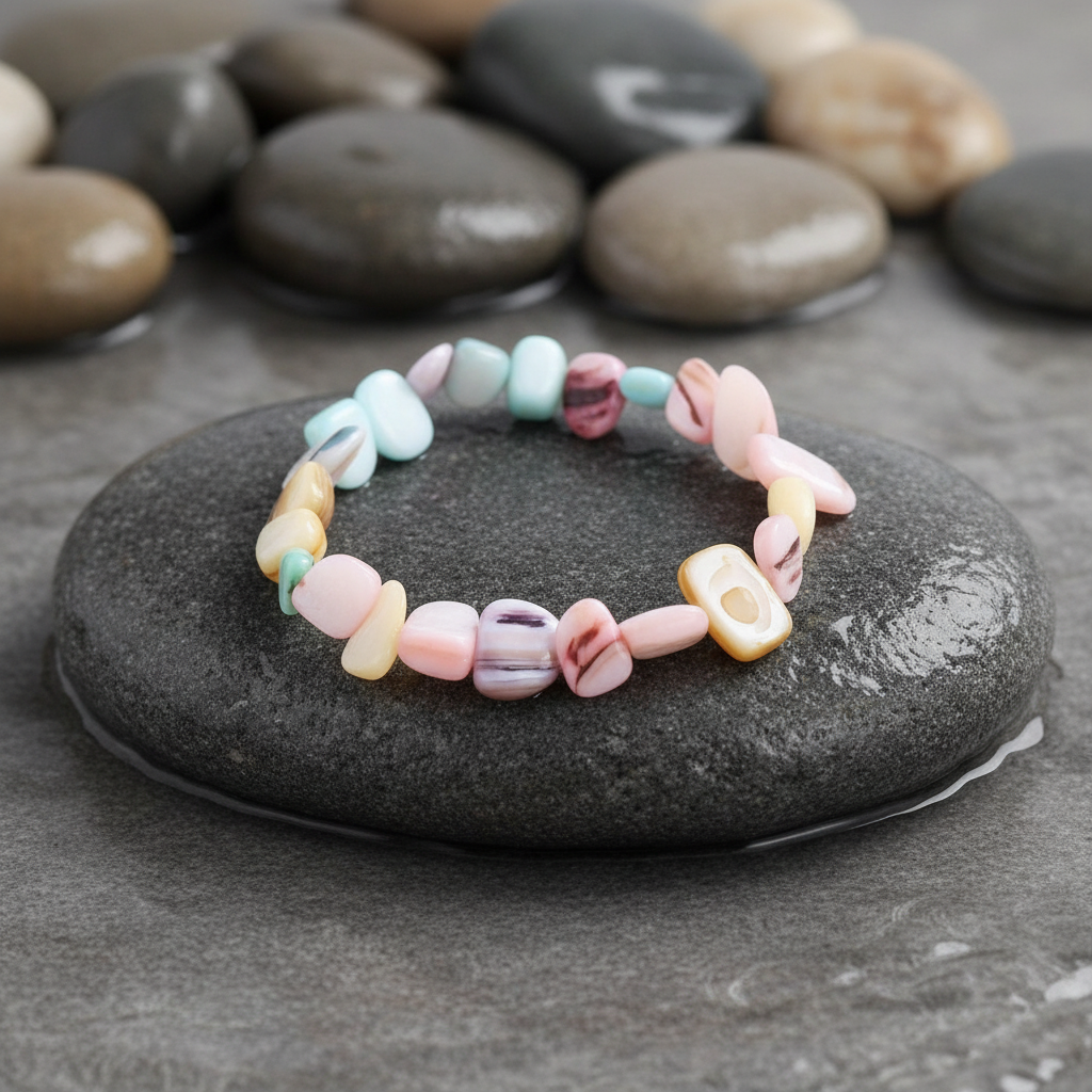 Pastel Shell Chip armband variant op grijze natte steen bij oever