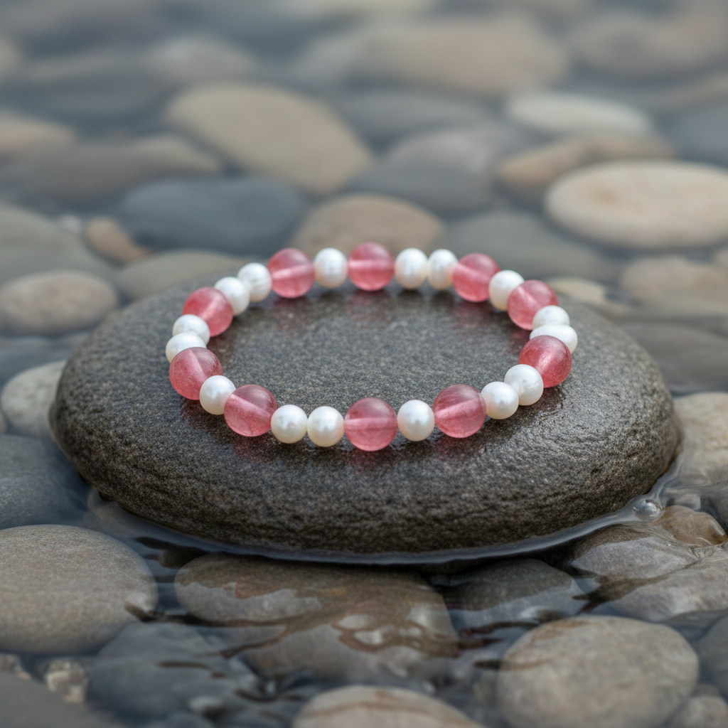 Pearl Cherry Quartz armband close-up op steen bij oever