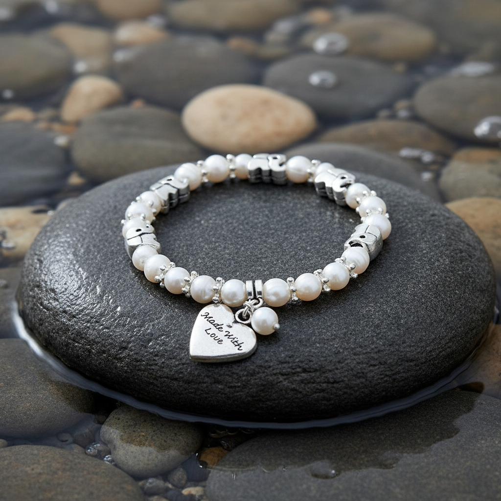 Pearl Elephant Heart armband close-up op grijze natte steen bij oever