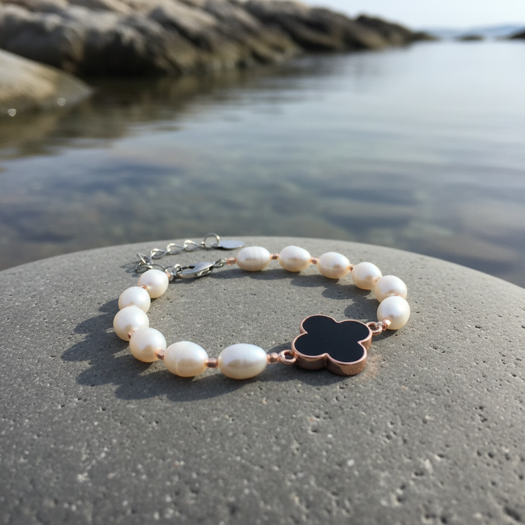 Pearl Four Leaf Clover Black armband sfeerbeeld