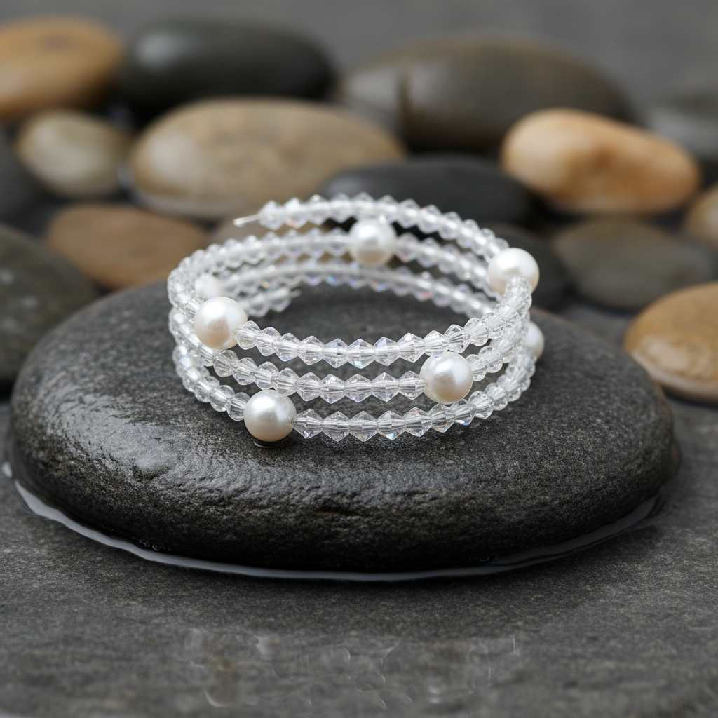 Pearl W AB Crystal wikkelarmband close-up op grijze natte steen bij oever