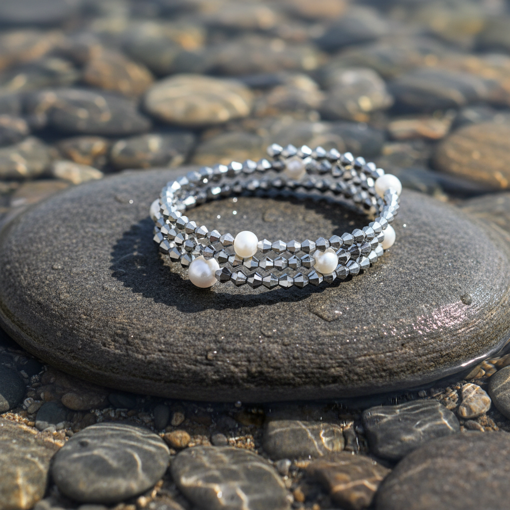 Pearl W Metalic Silver zoetwater parel wikkelarmband close-up op grijze natte steen bij oever