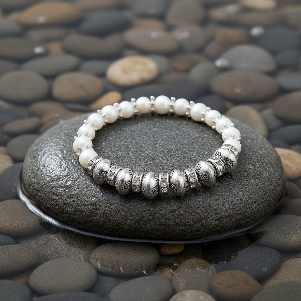Persian King Small armband met juiste zilveren kralen op grijze natte steen