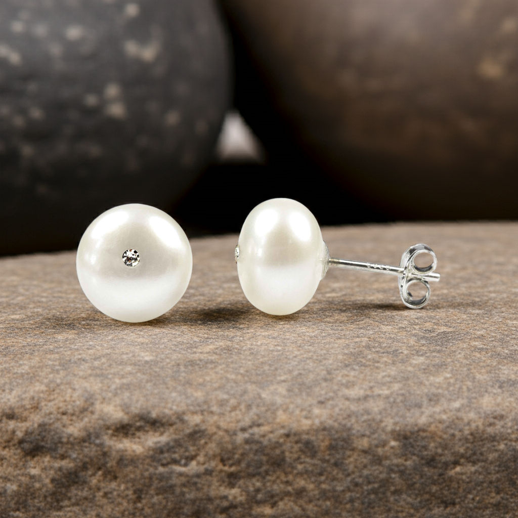 Witte zoetwater parel oorbellen met stras steentje, parel oorknopje, liggend op steen, voor en zijaanzicht | Cadeau set zoetwater parel oorbellen Bling Mea Box One