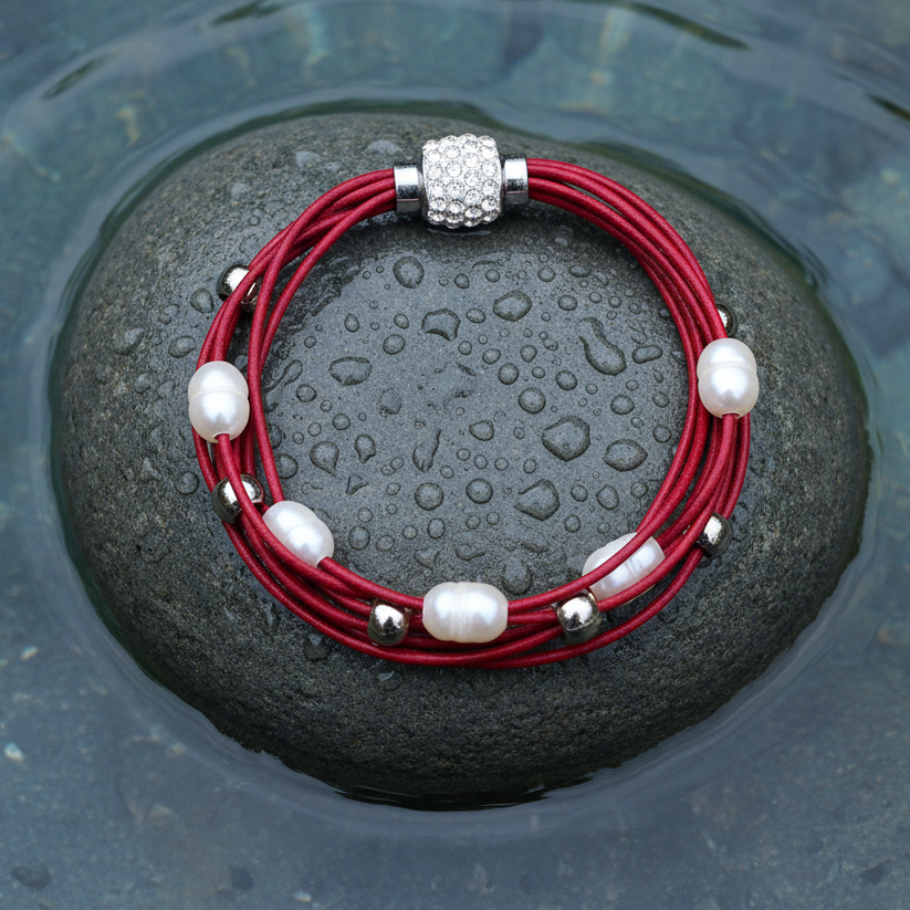 Rode leren armband met exact 4 witte parels op natte grijze steen