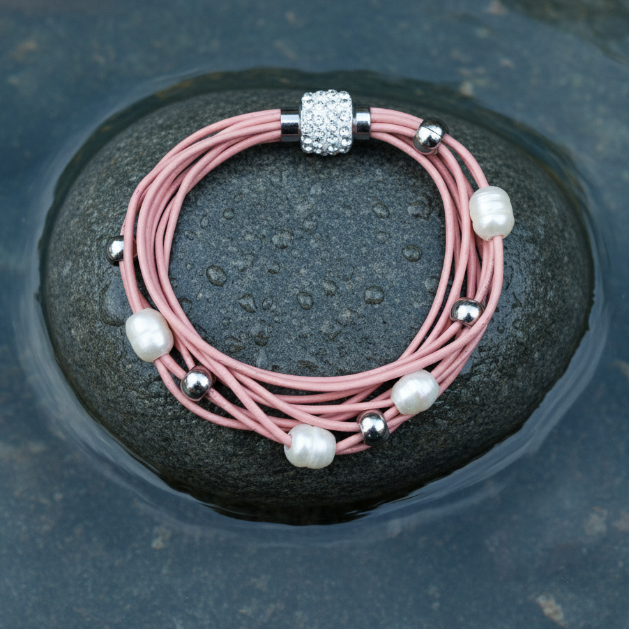 Roze leren parel armband op natte grijze steen