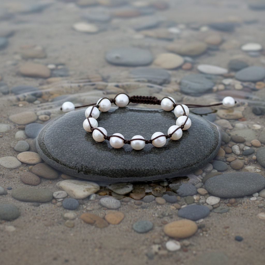 Sambala White Pearl armband op steen bij oever